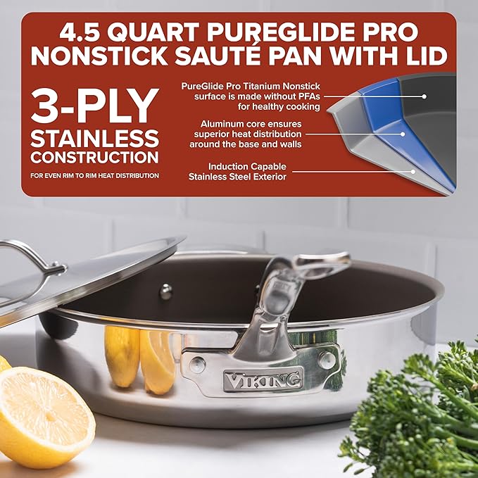 Viking PureGlide Pro 3-Ply Nonstick 4.5 Quart Sauté Pan with Lid and Helper Handle, Titanium Interior, Oven and Broiler Safe, Induction Ready