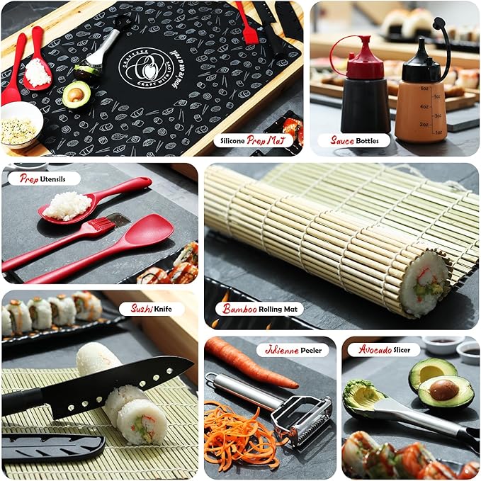 All-Inclusive 𝗣𝗥𝗘𝗠𝗜𝗨𝗠 Sushi Making Kit for Beginners & Professionals - Sushi Maker with Rice Cooker, Reusable Chopsticks, Bazooka, Sushi Roller, Book - Sushi Kit for Family BPA-Free