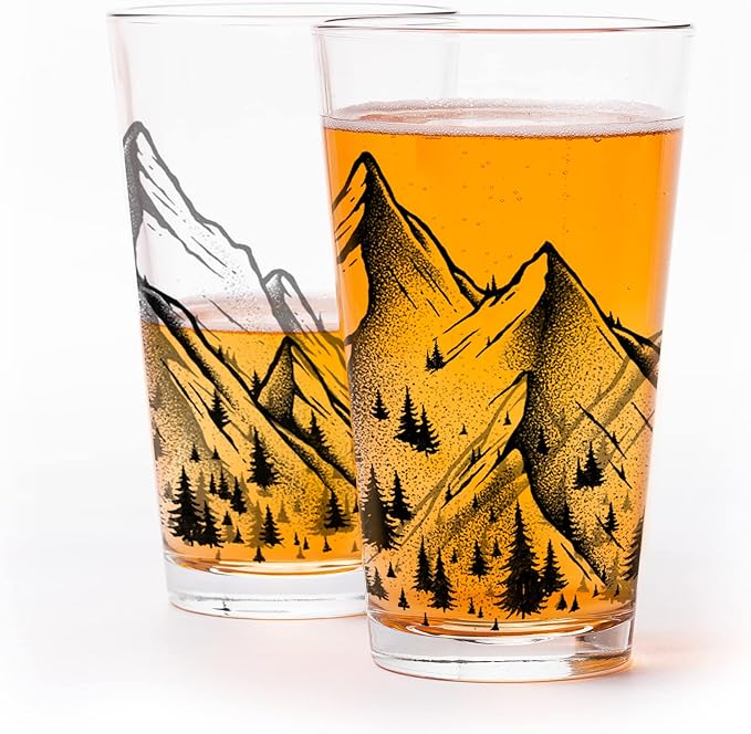 Black Lantern Set of 2 Pint Glasses – Screen Printed Drinking Glasses - 16 oz Highball Water Glasses Cups Sets Beer Glasses Tumblers Bar Glasses for Home and Kitchen (Mountain Range Panoramic)