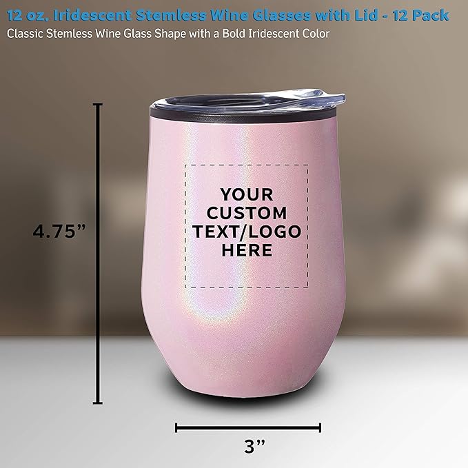 Custom Palmera Stemless Wine Tumblers with Lids 12 oz. Set of 12, Personalized Bulk Pack - Perfect for Wine, Cocktails, Other Hot & Cold Beverages - Iridescent Pink