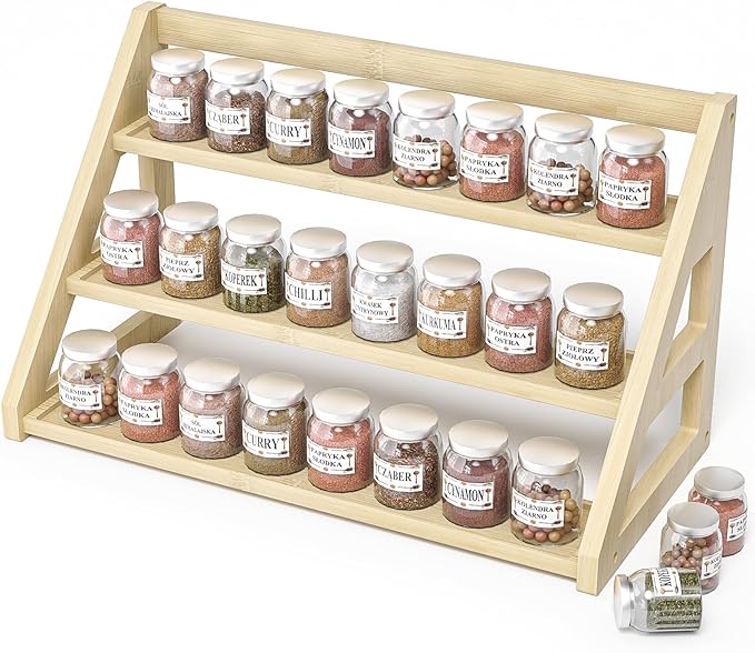 3-Tier Spice Rack Organizer for Cabinet,Bamboo Tiered Spice Rack for 24 Spice Jars(4 oz),Spice Shelf for for Kitchen Countertop,Seasoning Rack,17.5" L x 8.3" W x 9.4" H
