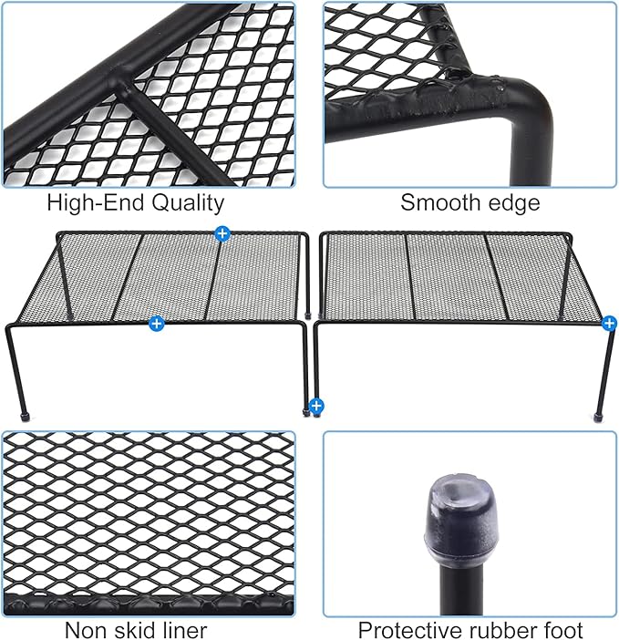 Set of 2 Mesh Kitchen Shelves Cabinet Storage Shelf Rack (13.1 x 10.2 Inch) ，Kitchen Bathroom Pantry Cupboard Desk Home Office, Fridge, Cabinet, Bathroom Cupboard, Non-slip Plastic Feet (2, Black)