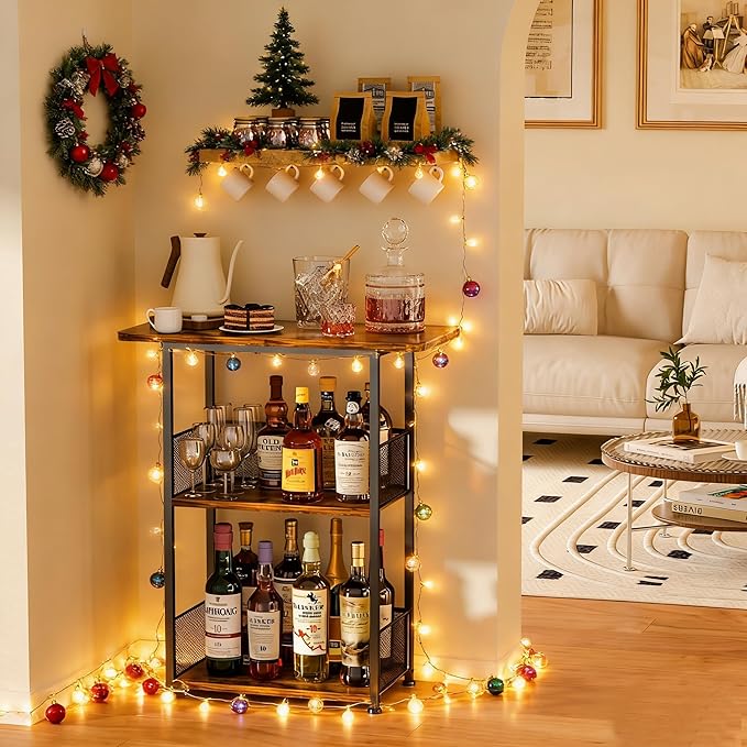 Floor Standing Freestanding Whiskey Rack: 3 Tier Wine Rack Mini Bar Table Corner Wine Bottle Display Stand Liquor Cabinet Bar, for Bottles,Cocktail Shaker,Mugs