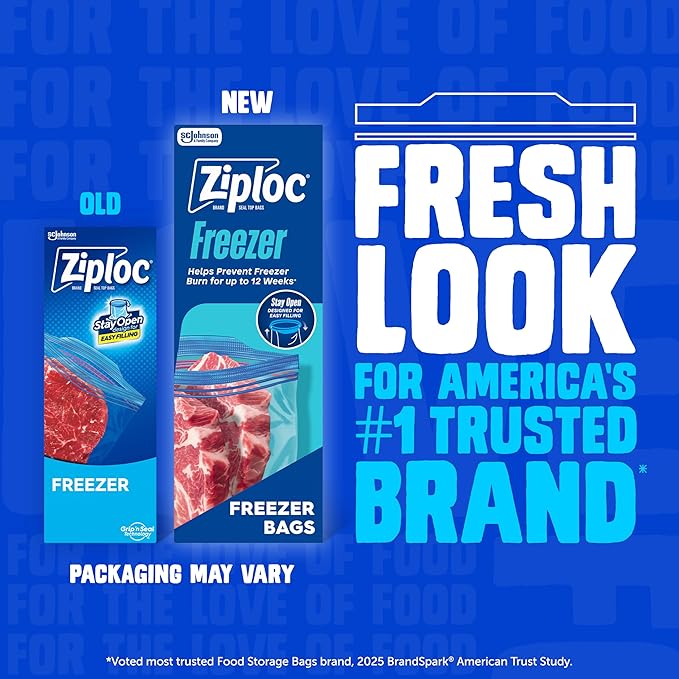 Ziploc Quart Food Storage Freezer Bags, Stand-Up Bottom, Easy to Fill, 60 Count (Packaging May Vary)