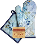 Maison d' Hermine 100% Cotton Oven Mitt & Pot Holder Set (7.5"x13" & 8"x8") Heat Resistant BBQ Cooking Gloves with Loop, Baking, Grilling, Kitchen, Handling Hot Pans Spring/Summer (Lazy Summer Days)