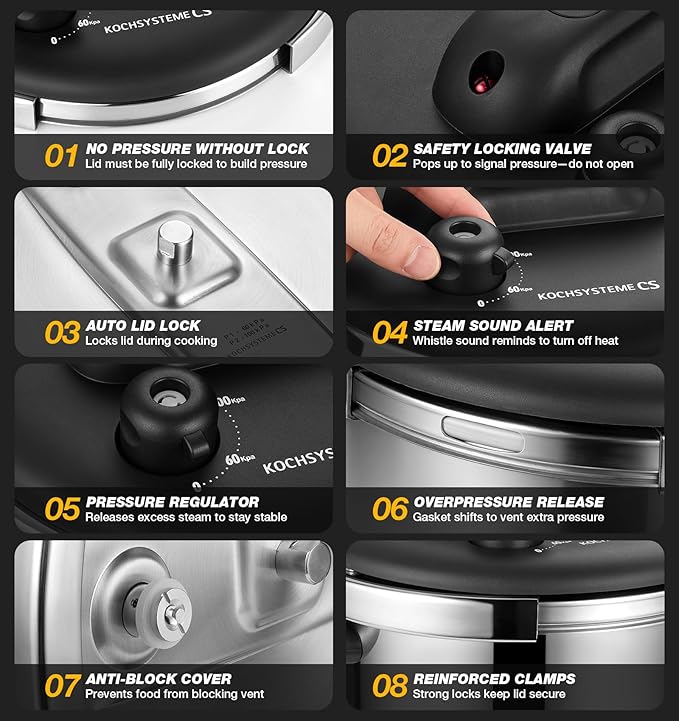 KOCH SYSTEME CS Pressure Cooker Stainless Steel, 6.3 QT Olla de Presion, Easy One-Press Lock, 3 PSI Settings Pressure Cooker, Save 70% Time, Gas & Induction Compatible, Glass Lid & Steamer Rack