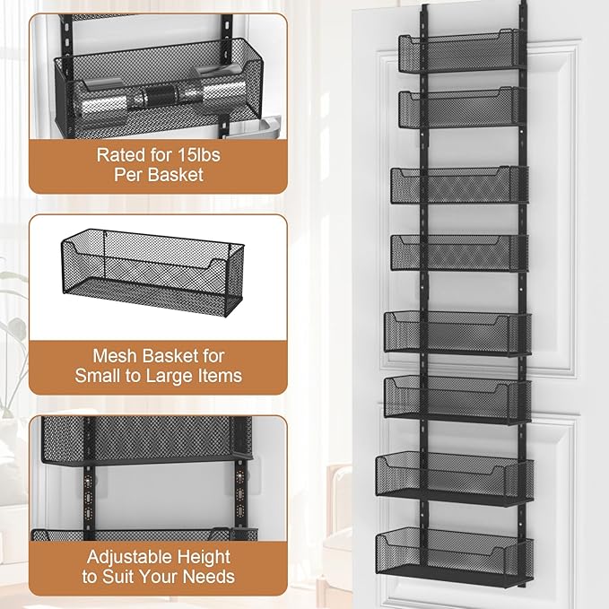 Over The Door Organizer, 8-tier Metal Door Organizer Hanging with Adjustable Baskets, Behind The Door Storage for Bedroom Closet Bathroom Pantry Cabinet Kitchen, Black