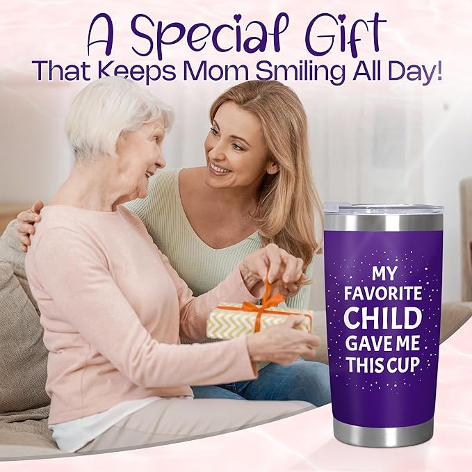 TEEZWONDER Christmas Birthday Gifts for Mom from Daughter Son - Favorite Child 20 oz Stainless Steel Insulated Coffee Tumbler with Lid - Mothers Mama Birthday Gifts, Funny Tumbler for Women