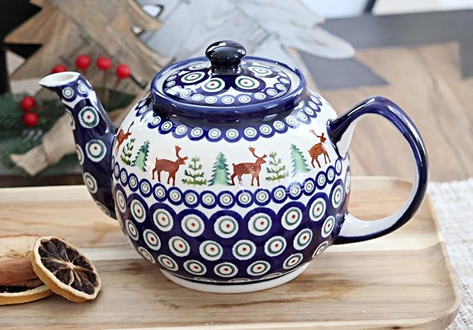 Blue Rose Polish Pottery - Blue Reindeer Pine Medium Teapot - 4 Cup Capacity - Polish Pottery Holiday Teapot, Festive Design for Coffee & Tea Service
