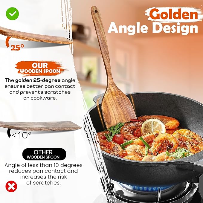 2 Pcs Wooden spoons for cooking,(Spatula & Fried Spatula). Teak wood kitchen utensils set, Long handle frying turner, Non-stick and non-scratch spurtle for backing, frying and cooking.
