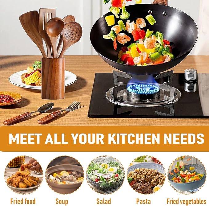 Wooden Kitchen Utensil Set, 9-Piece Cooking Tools with Holder and Spoon Rest, Wooden Spoons for Cooking