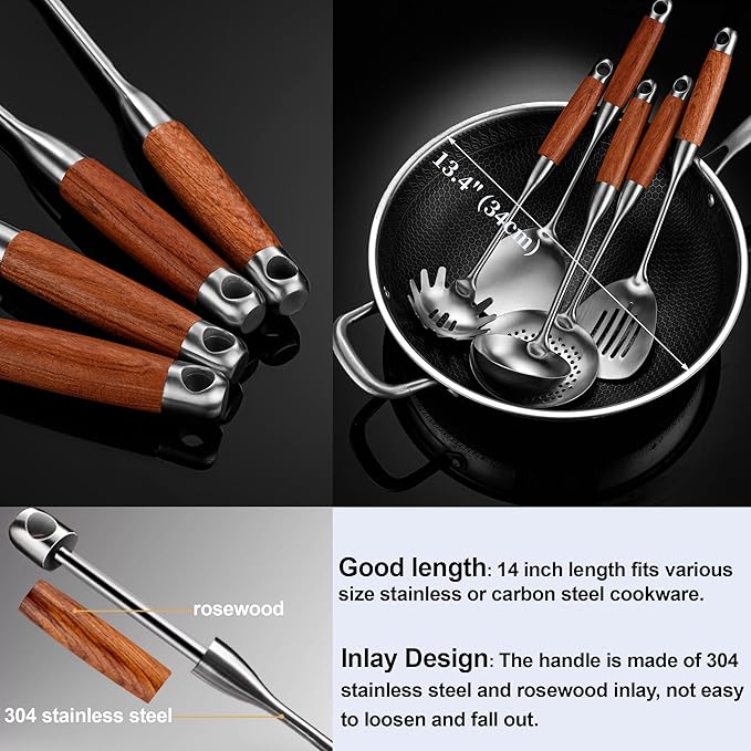 Kitchen Utensils Set Stainless Steel with Wooden Handle,Metal Cooking Utensils Set 12 PCS,Spatulas,Ladle,Skimmer,Tunners,Spaghetti Spoon,Fork,Potato Masher,Egg Whisk,Tongs