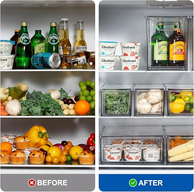 Fridge Drawer Pull Out Stackable Bins, Clear Refrigerator Stackable Organizers, Fridge Organizer Storage for Kitchen, Pantry, Vegetables, Fruits (4 Small)