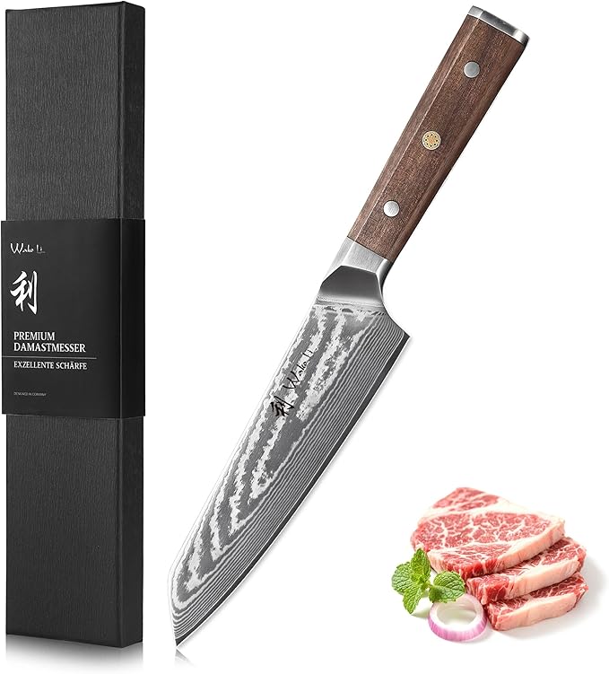Wakoli HIK Damascus Kiritsuke Knife – Full Tang Chef Knife | 7-Inch Blade Made of 67-Layer Damascus Steel with VG10 Core | Walnut Wood Handle | Sharp, Durable, Gift Box Included