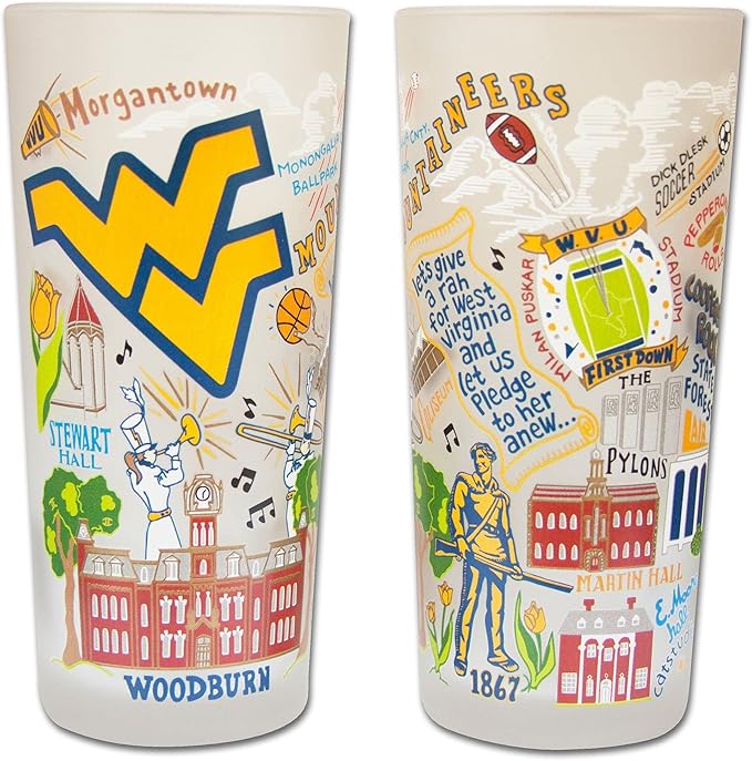 Catstudio Drinking Glass, West Virginia University Glass Cup for Kitchen, 15oz Dishwasher Safe Tumbler for WVU Alumni