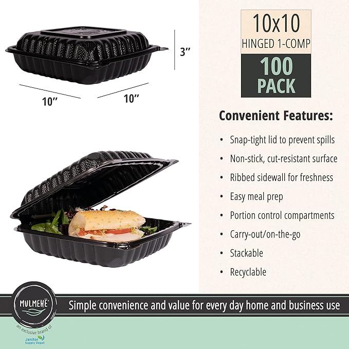 MULMEHË Eco-Friendly Mineral Filled Polypropylene Plastic Hinged Take Out Food Containers, 10x10x3, Vented Single Compartment, Black (200)