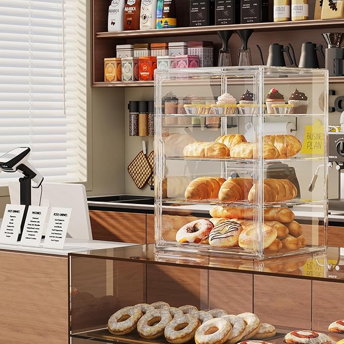 4-Tier Pastry Display Case,Large Bread Box for Kitchen Countertop, Adjustable Bread Storage Container, Bakery Display for Bread, Cookies, and Donuts, Size 15.5 * 11.4 * 9.8 Inch