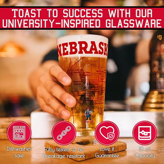 Greenline Goods – University of Nebraska Cornhuskers College Pint Beer Glasses (Set of 2), 16 oz – Full-Color Logo + Campus Map