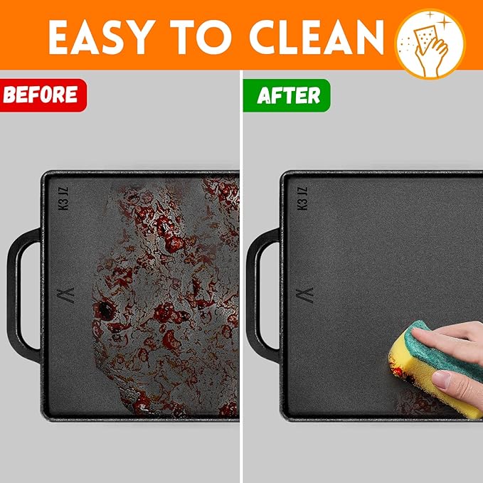 GGC Cast Iron Reversible Griddle, Double-sided Griddle Pan for Indoor and Outdoor Cooking, 15 x 9 Griddle Plate with Flat and Ribbed Side for Stove Tops, Gas Grills and Camping