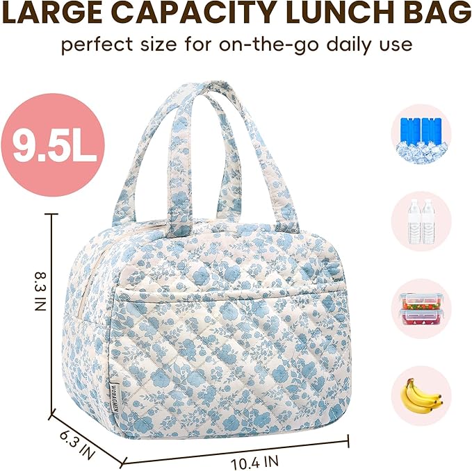 Quilted Lunch Box for Women,Lunch Box for Teen Girls,Cute Floral Lunch Bags for Work, School,Office,Picnic,Travel (Cute Blue Floral)