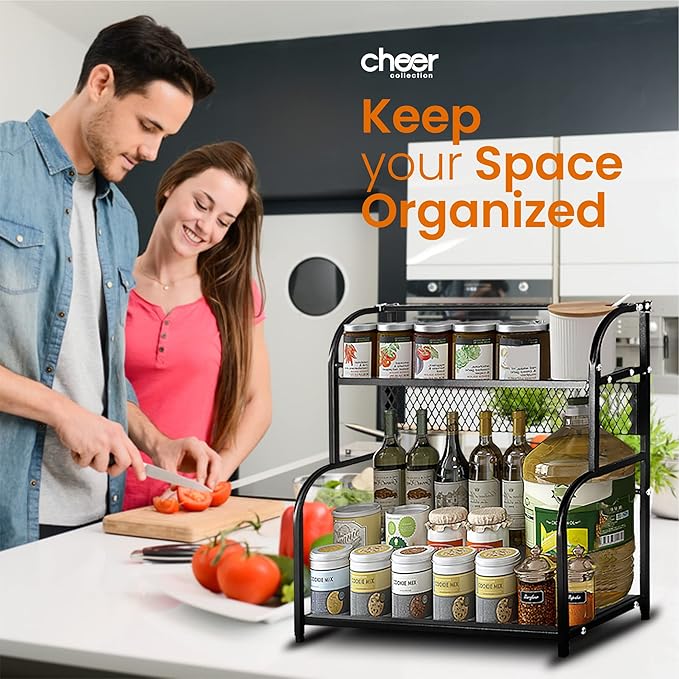 Cheer Collection 2 Tier Spice Rack - Non Slip Kitchen Counter Organizer, Pantry Organizer Display Stand for Kitchen or Bathroom Organization