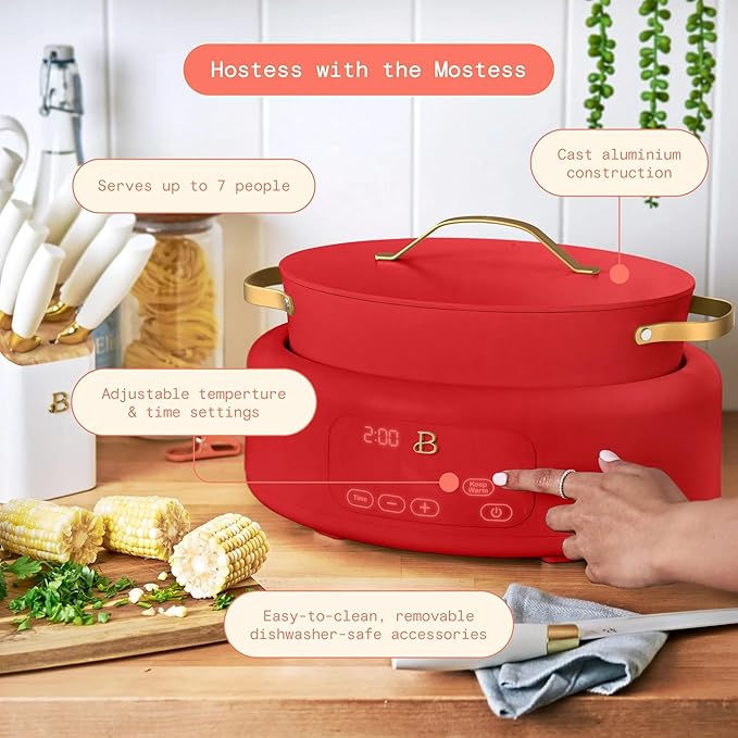 Beautiful 10-in-1 Electric MultiCooker 6 Quart - Programmable Slow Cooker, Sous Vide, Rice Cooker - Sleek Touch Timer & Delayed Start - Kitchen Appliance by Drew Barrymore (Tomato Red)