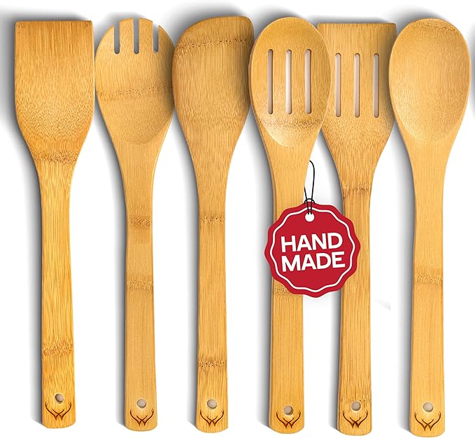 Wooden Spoons for Cooking set of 6 – Premium Wooden Spoons and Wooden Utensil set for everyday use – Versatile Cooking utensils set safe for nonstick pans – Durable wooden spoon kitchen utensils set