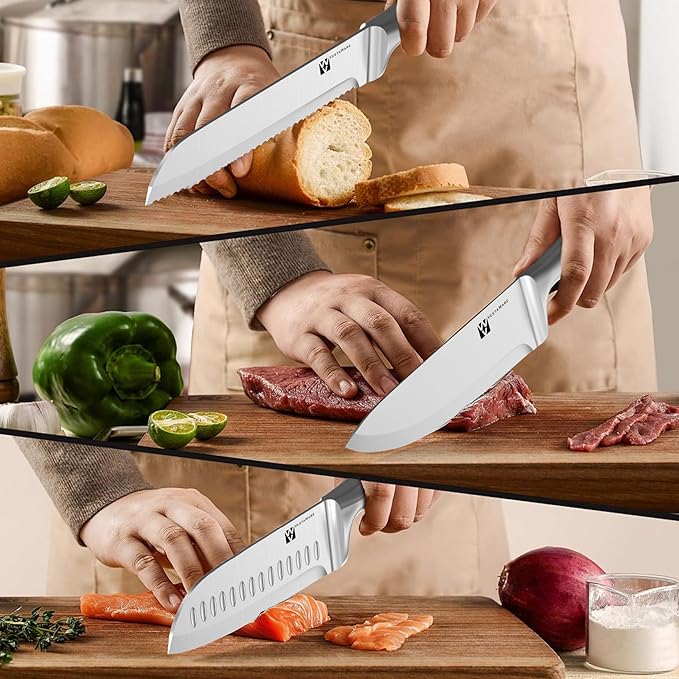 14 Pieces Knife Set with Block, Premium Knives Set For Kitchen, Knife Block Set Stainless Steel With Steak Knives, Dishwasher Safe, Ergonomic Handle, Natural Wooden Block, Gifts For Women