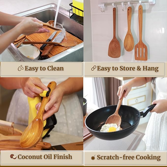 SarnThai Premium Teak Kitchen Utensil Set – 4-Piece Handmade Wooden Spatulas & Spoon for Cooking, Natural Teak Wood Tools Safe for Nonstick Pans, Eco-Friendly Thai Handmade Utensil Set