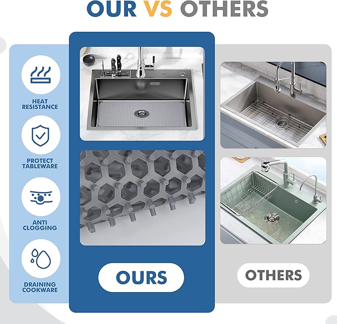 Silicone Sink Mat - 24.8''x13'' Sink Protector for Kitchen Sink with Center Drain - Kitchen Grid Accessory, Non-slip Heat Resistant Mat for Bottom of Farmhouse Stainless Steel (Center Hole)