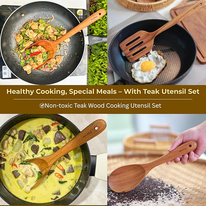 SarnThai Premium Teak Kitchen Utensil Set – 3 Piece Handmade Wooden Spatula & Spoon, Eco-Friendly Teak Cooking Tools for Nonstick Pans, Wooden Spoons for Cooking