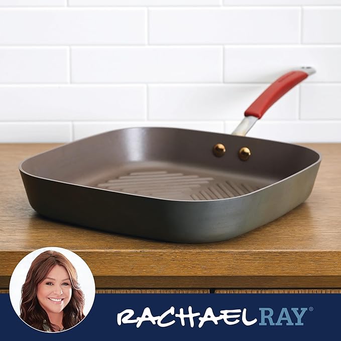 Rachael Ray Cucina Hard-Anodized Nonstick 11-Inch Deep Square Grill Pan, Gray with Cranberry Red Handle - 87632