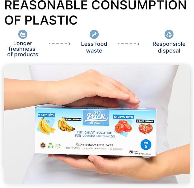 Freshpack 247 Zipper Bag 8×10 inches (0.5 gallon) Size S – Food Storage, Snack & Sandwich Bags, Helps Keep Produce Fresh up to 3× Longer – Biodegradable, BPA-Free, UV-Shielded, Washable, SGS Tested