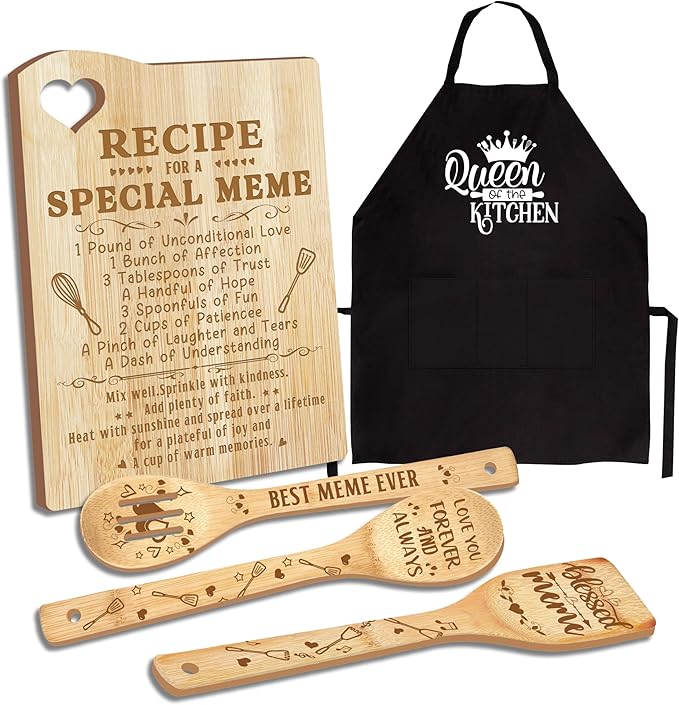 Christmas Meme Gifts, Gift for Meme for Grandma Wooden Cutting Board with Cooking Utensils Set with Apron from Grandkids Kitchen Set