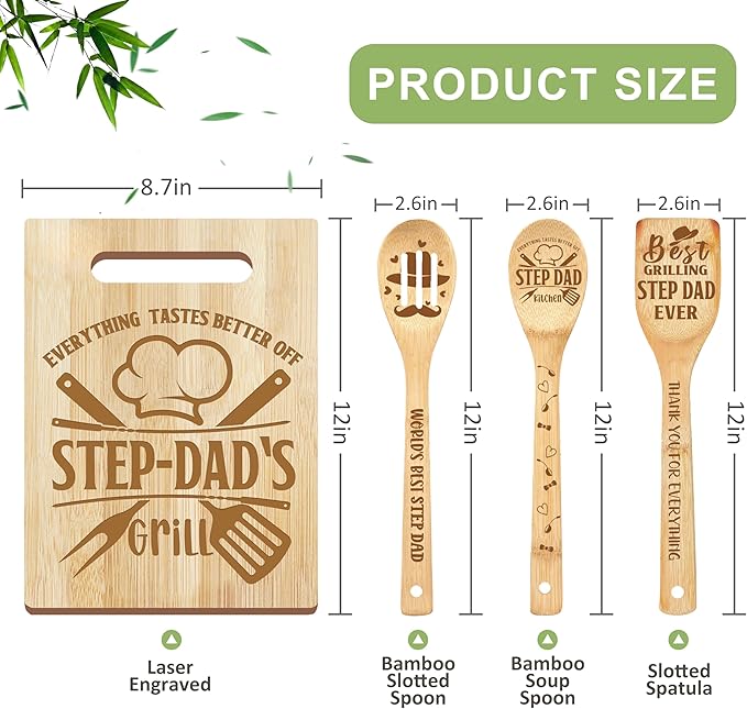 Step Dad Gifts, Christmas Step Dad Gifts from Kids, Stepdad from Step Daughter Wooden Cutting Board Utensils with Apron, Great Stepdad Father's Day Birthday Kitchen