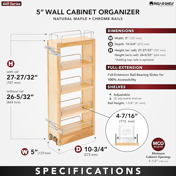Rev-A-Shelf 5" Pull Out Storage Organizer for Wall Kitchen Cabinets, Sliding Adjustable Shelves for Spice Rack or Cans, Wood & Chrome, 448-WC-5C
