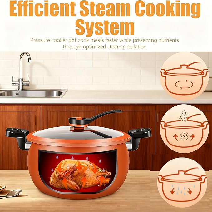 8QT Multifunctional Large Capacity Non-Stick Pressure Cooker, Microwave Pressure Cooker With Visible Transparent Glass Cover, Fast Cooking Cookware, Universal Stew Pot For Meals Soups Stews (Orange)