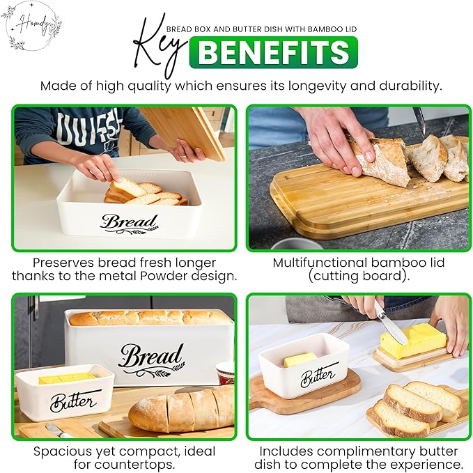 Bread Box for Kitchen Countertop, Bamboo Bread Bin with Cutting Board Lid, Ceramic Butter Dish with Lid & Knife, Bread Holder for Homemade Bread, Bread Storage, White Bread Box