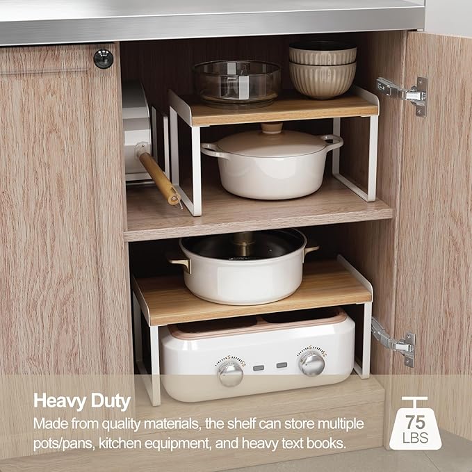 Mitus Shelf Organizer and Storage, Tiered Wood Cabinet Rack for The Kitchen Counter, Bathroom Counter, Pantry Cupboard, Office Desk Bookshelf, 12" Wide Natural and Black (Large)