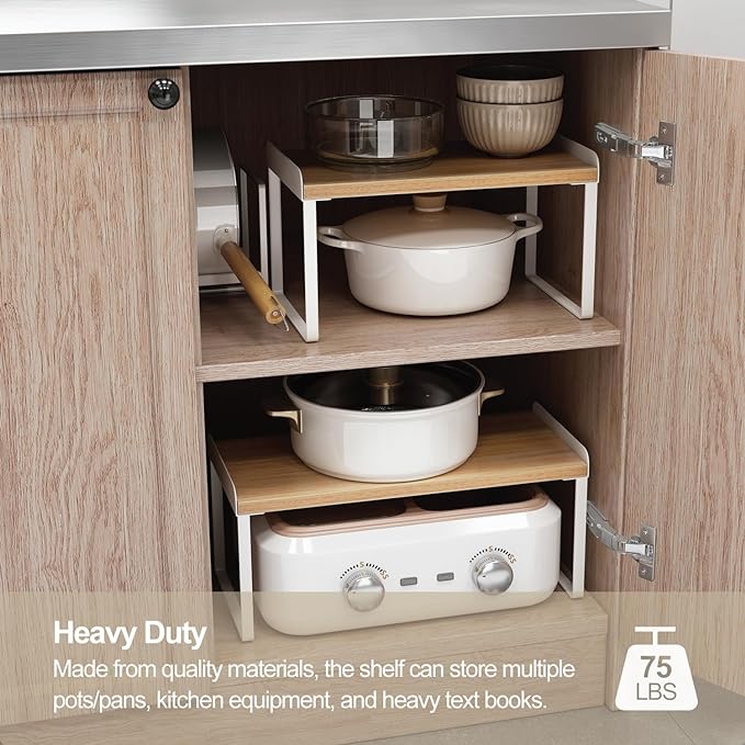 Mitus Shelf Organizer and Storage, Tiered Wood Cabinet Rack for The Kitchen Counter, Bathroom Counter, Pantry Cupboard, Office Desk Bookshelf, 16" Wide Natural and White (Large)