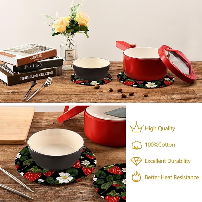 Strawberries Flowers Kitchen Trivets Pot Holders Set of 2, Trivets for Hot Pots Dishes Woven Trivet Coaster Pad Mat for Counter