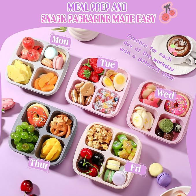 Honeydak 5 Pack Snack Containers 4 Compartment Bento Snack Boxes Reusable Lunchable Containers with Lids Divided Meal Prep Lunch Food Storage Box for School Work Travel(Gray and Pink Ombre,Equal)