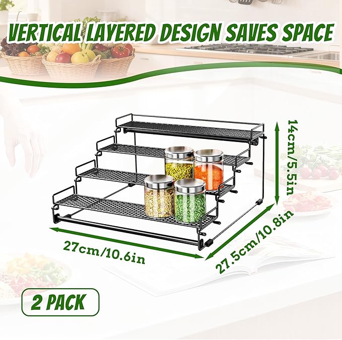 2 Pack 4 Tiered Countertop Spice Rack Organizer for Cabinet, Metal Tiered Spice Holder Storing 24 Spices Jars, Multipurpose Seasoning Shelf for Cupboard, Pantry, Kitchen Storage (2 Pcs)