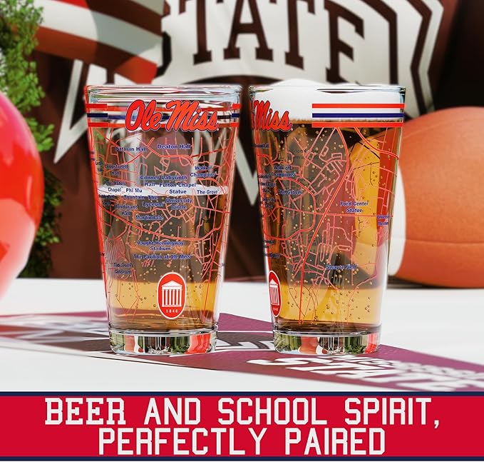 Greenline Goods – University of Mississippi Rebels College Pint Beer Glasses (Set of 2), 16 oz – Full-Color Logo + Campus Map