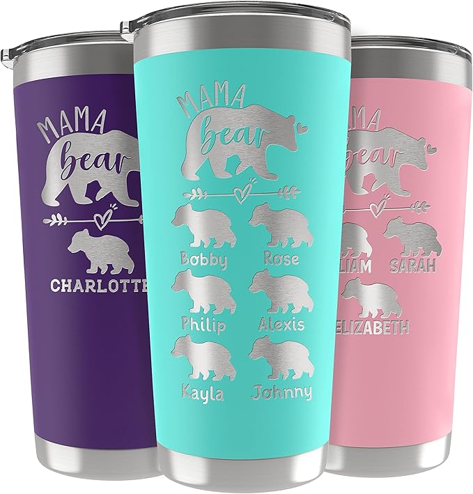 Personalized Mama Bear Tumbler with Engraved Names Up to 6 Cubs, 5 Fonts, 13 Colors, Gifts for Mom from Daughter, Son