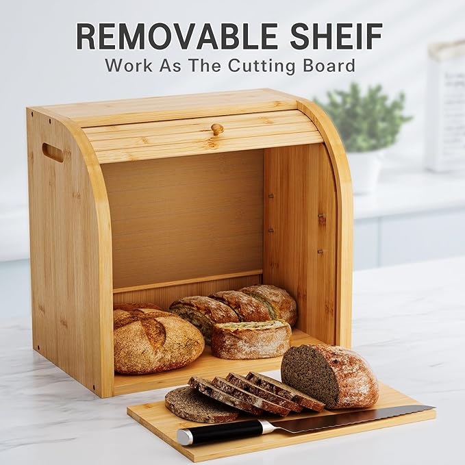 2 Tier Bamboo Bread Box for Kitchen Countertop–Bread Storage Holder, Large Capacity Bread Storage Container, with Removable Layer for Home Storage and Display (Self-assembly)
