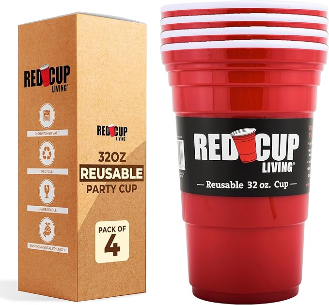 Red Cup Living 32Oz Tumbler, Insulated Reusable Plastic Drinking Glasses, Summer Cup, Beer Stein, Travel Coffee Tumbler for Hot & Cold Drinks, Water Container Kitchen Cup, Party Essentials Pack of 4