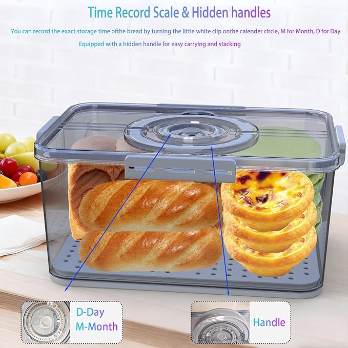 Bread Box with Lid and Handle,New Upgrade Time Recording Bread Storage Container for Kitchen Counter Airtight,Portable Large Bread Boxes for Homemade Breads, Toast, Bagel, Donut and Cookies(Grey)