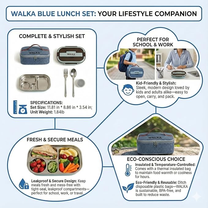 WALKA Lunch Box Stainless Steel, Metal Bento Boxes Leak-Proof, 4 Compartments Bento Lunch Box, Food Storage Containers, Dishwasher Safe with Bag (Blue)