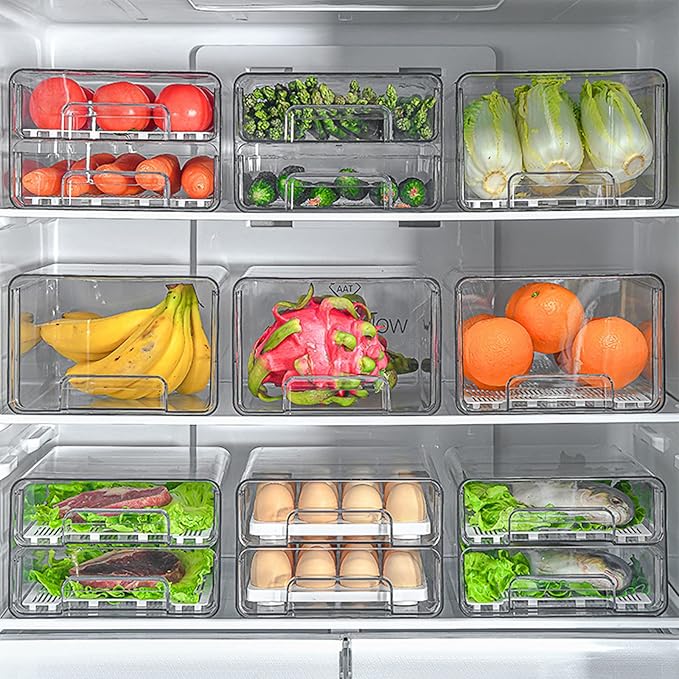 US Fridge Drawers with Lids Stackable Pull Out Fridge Storage Containers Double Layer Clear Plastic Refrigerator Organizer Bins with Drain Tray for Kitchen Refrigerator Cabinets